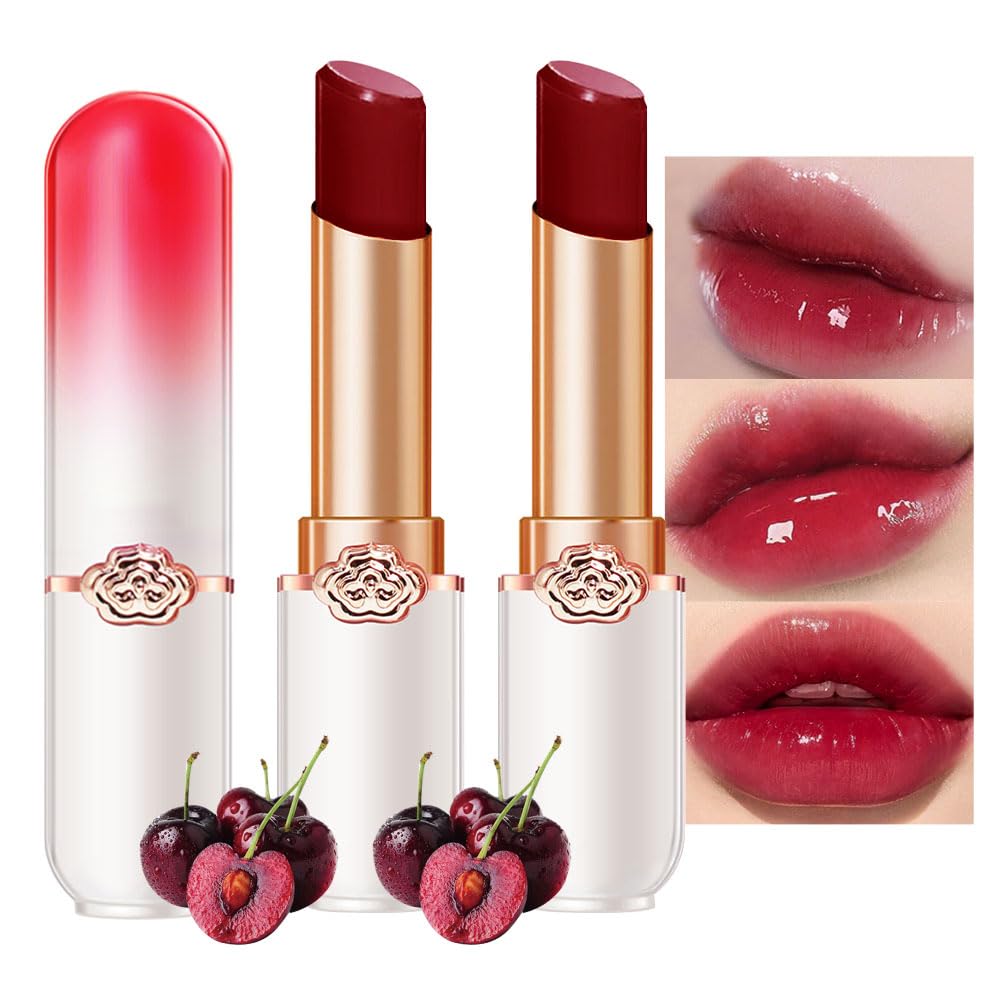 BINGBRUSH 2 Pcs Red Cherries Color Changing Lipstick Queen,PH Mood Long Lasting Labiales Lip Gloss Lip Balm Tinted Magic Lip Stain Makeup Lipstick Set