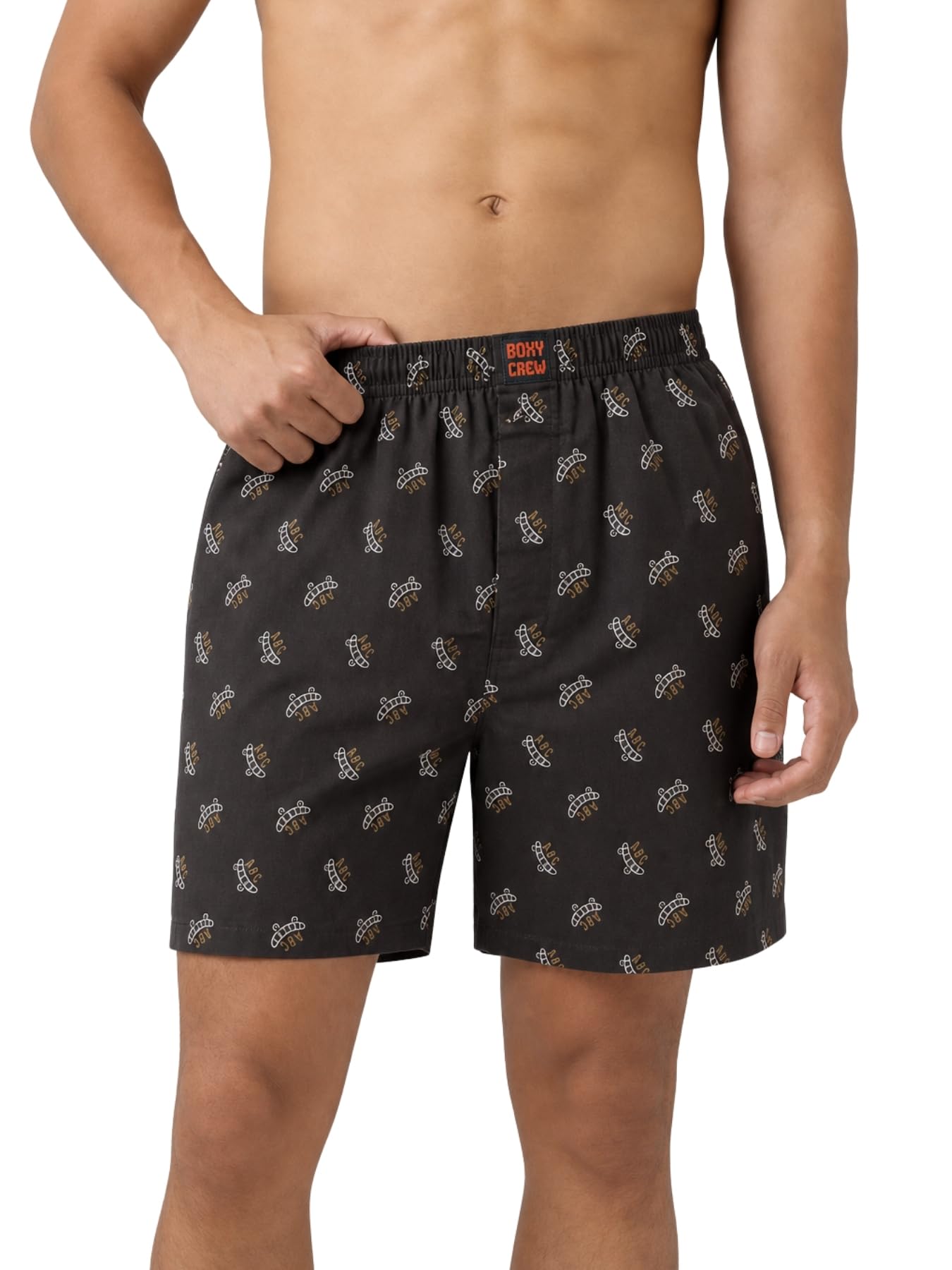 Men's Printed 100% Cotton Boxer Shorts | No-Mark Soft Elastic Waistband | Regular Comfort Fit with Dual Side Pockets & Button Fly | Brown-picture-47