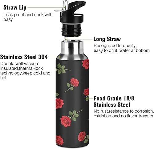 Miniatura 3 de Red Roses Green Leaves Black Insulated Water Bottle 32 Oz, BPA-Free Sports Water Bottle with Straw Leakproof Water Bottles