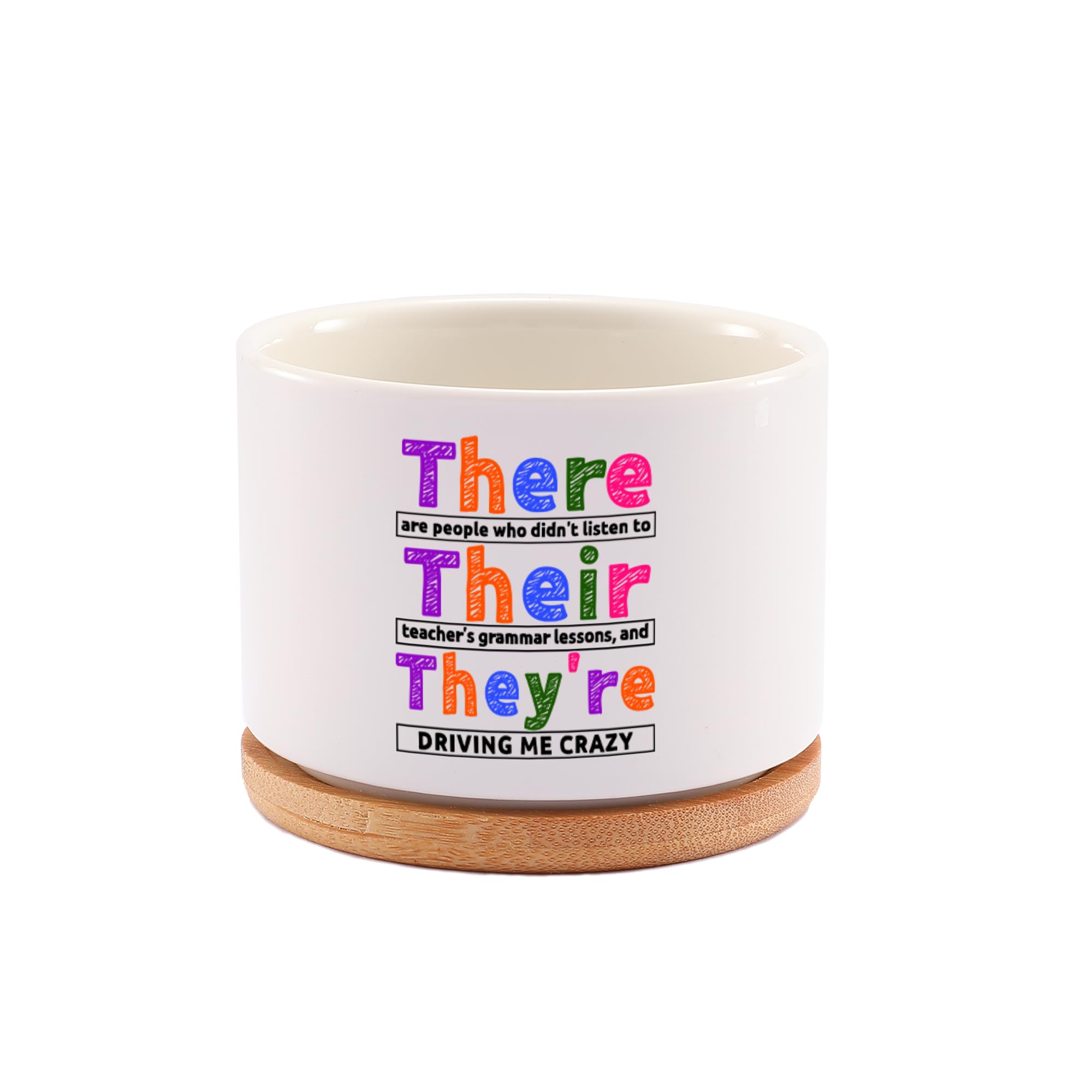 There Their They're Grammar English Teacher Gifts Editors Writers Teacher Appreciation Day Gifts Ceramic Succulent Plant Pot with Bamboo Tray Round Home Office Decor 3.5 Inch White (No Plants)