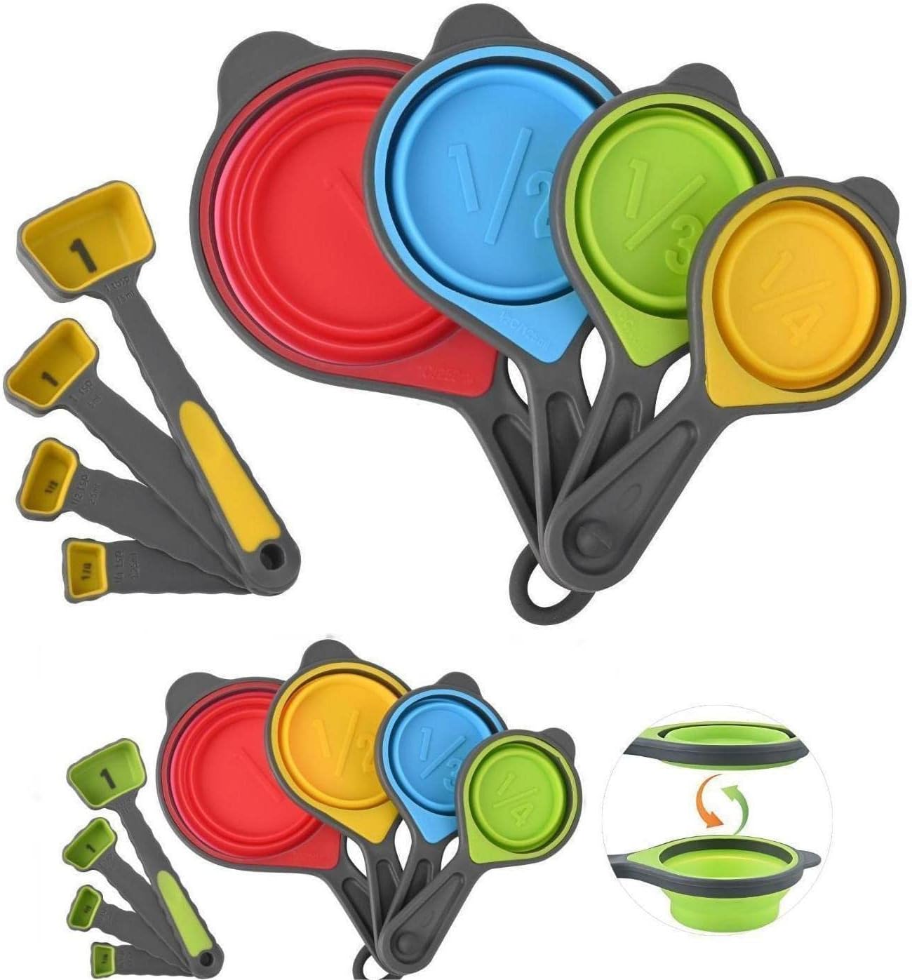 Collapsible Measuring Cups and Spoons Set,16 Pcs Portable Silicone Measuring Cups and Spoons for Liquid & Dry Measuring, Food Grade Silicone Measuring Tools Set, Yellow Green(Random Rainbow)
