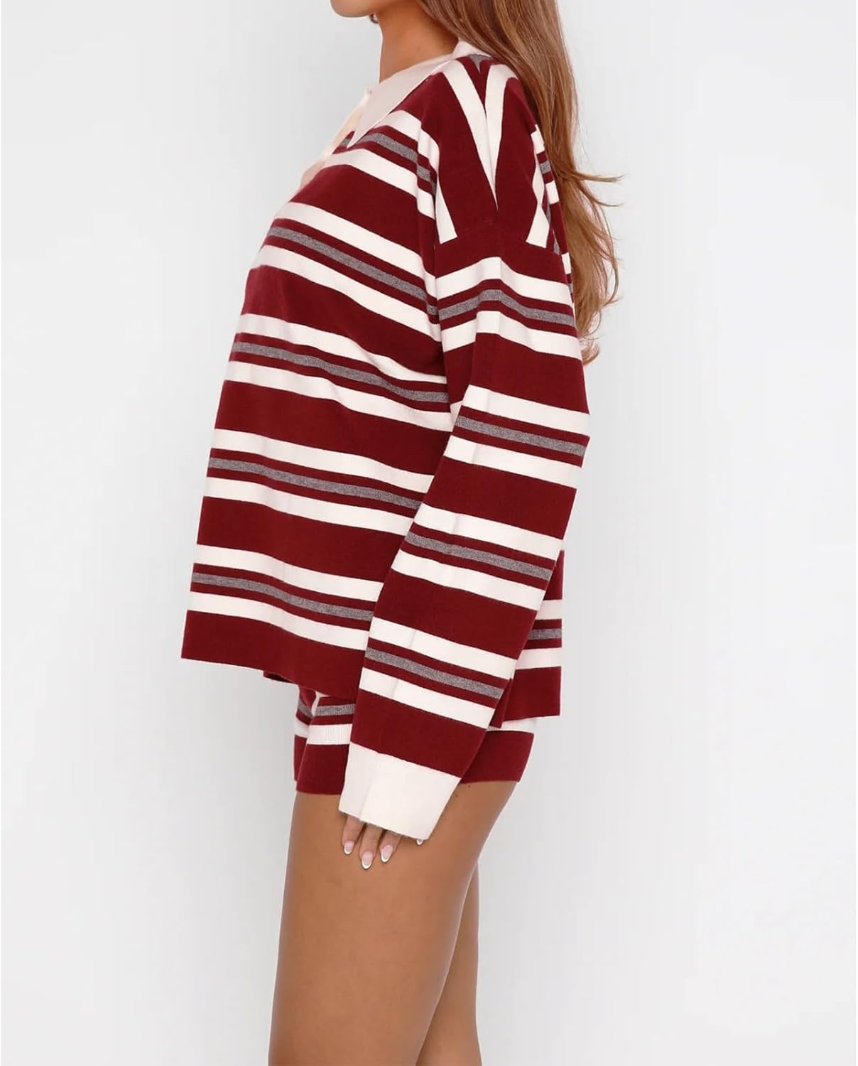 Stirped Sweater Sets Women 2 Piece Outfits Color Block Polo Collar Rugby Shirt Knit Shorts Matching Lounge Sets - Image 4