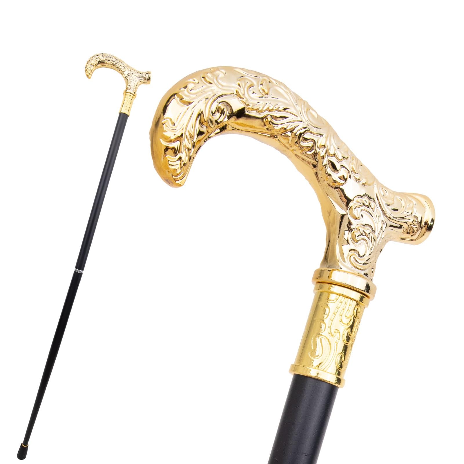 Bastón de Caminata Opulento con Mango Curvo Grabado en Oro - 93 cm, Acero Negro Elegante Caballero, Cosplay, Ocasiones Formales & Fiestas