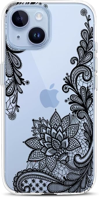Compatible with iPhone 14 Case, Clear Black Lace Floral Flower Shockproof Protective Bumper Hard Back Slim Cute Clear Phone Cover for Women Girls 2022 6.1", Black Floral 14