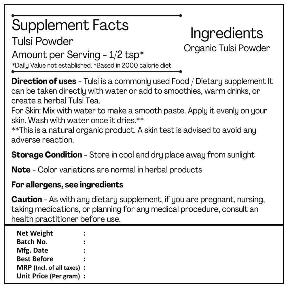 Just Jaivik Pure Natural Organic Tulsi Powder - 227g Holy Basil Powder for Skin Care, Herbal Supplement 1
