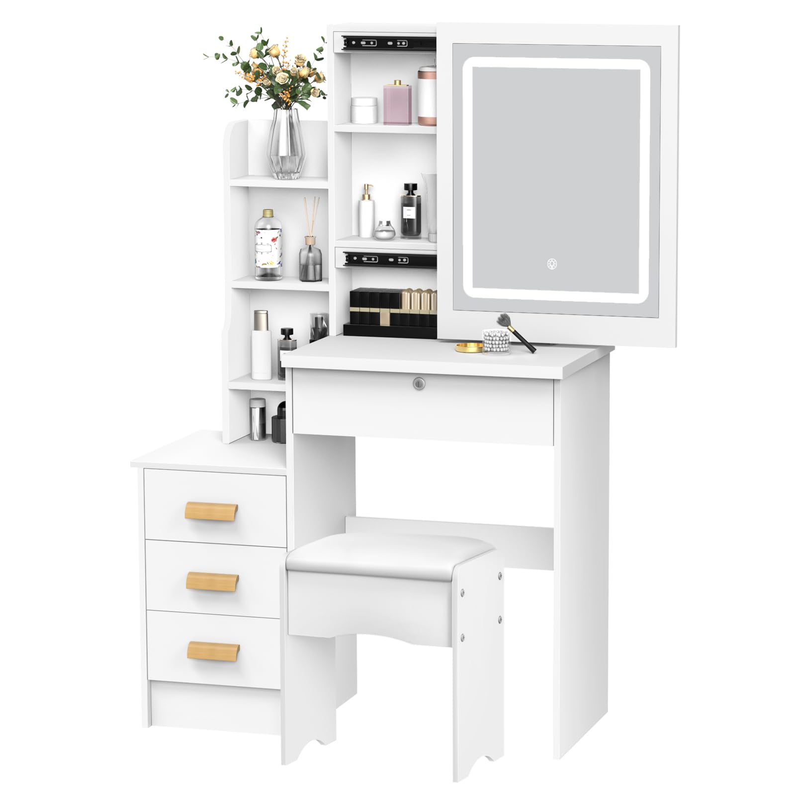 Makeup Vanity Set with Adjustable Brightness Mirror 4 Drawers 7 Open Shelves and Cabinets White Makeup Table with Mirror and Chair