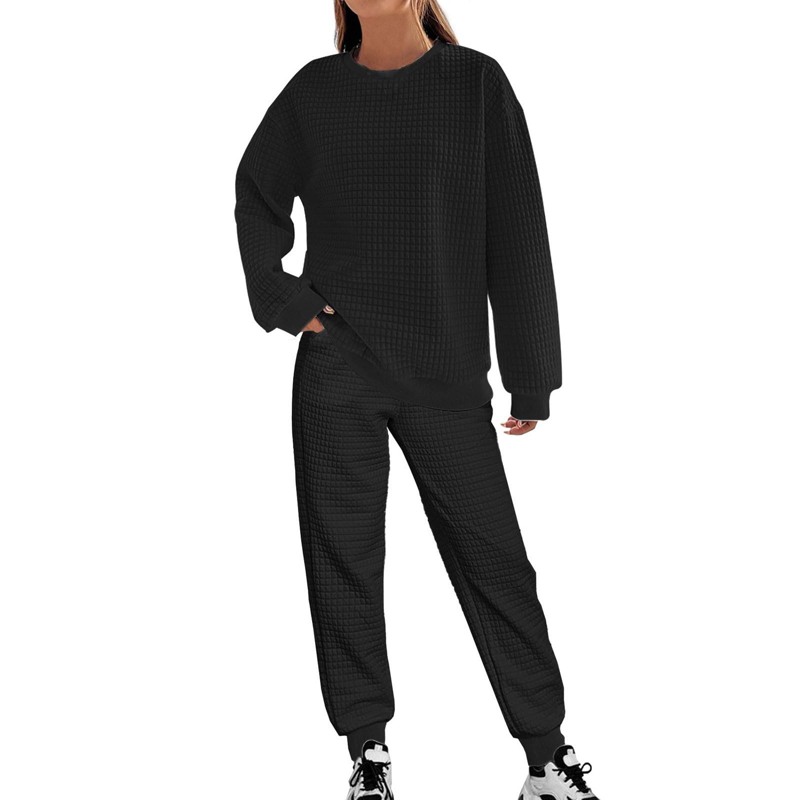 Ensemble de pyjama 2 pièces à carreaux pour femme | Haut à manches longues et col rond et pantalon de pyjama douillet uni élastique