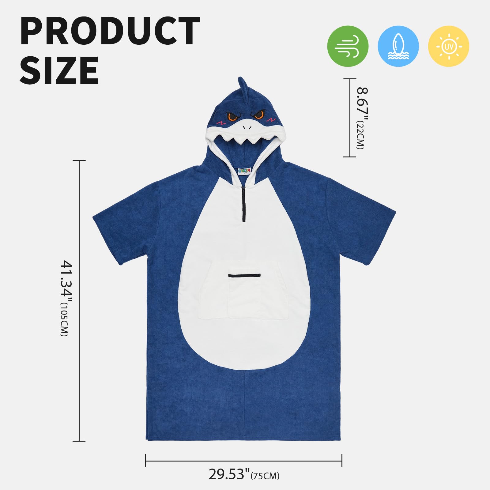 OLAOLA Surf Poncho Wickeltuch, Bademantel, Poncho mit Tasche, Übergröße, schnell trocknend, Frottee, Kapuze für Damen, Herren, Hai, Erwachsene