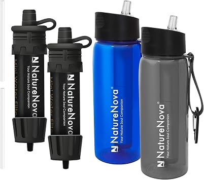 Mini Water Filter NatureNova Portable Emergency Water Filtration2 Pack,Black with Naturenova Water Filter Bottle2 Pack Blue/Black