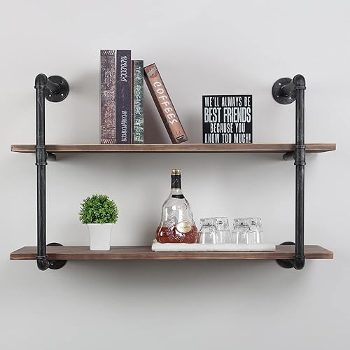 Miniatura 77 de MBQQ, Estantes de tubería industrial con madera, estante de montaje en pared rústico, estantería de metal colgada, estantería flotante de