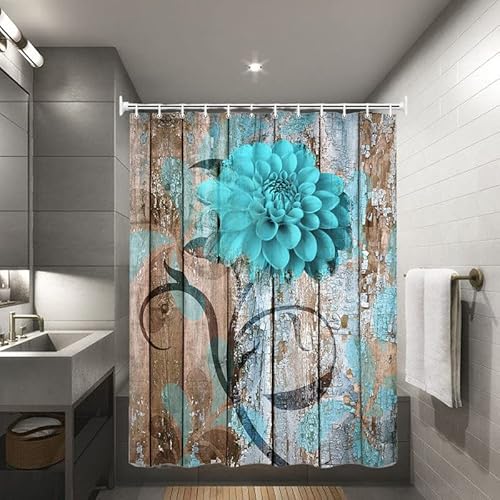 Jawo Farmhouse Flower Floral Shower Curtain, Rustic Teal Turquoise Dahlia Shower Curtain Set, Country Blue Wild Garden Plant Fabric Shower Curtain With Hooks, Surreal Bathroom Curtain, 69X70Inch #TOP5