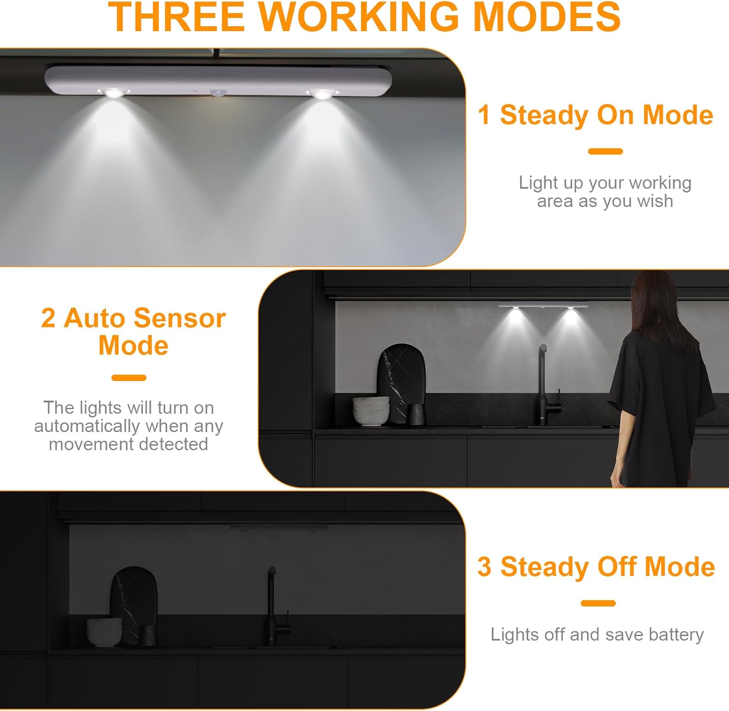LED Under Cabinet Lights, Motion Sensor Night Light Indoor, 3 Color Temperature and Dimmable, Rechargeable Battery Operated Gun Safe Light for Shelf, Closet, Kitchen, Counter (1 Pack)