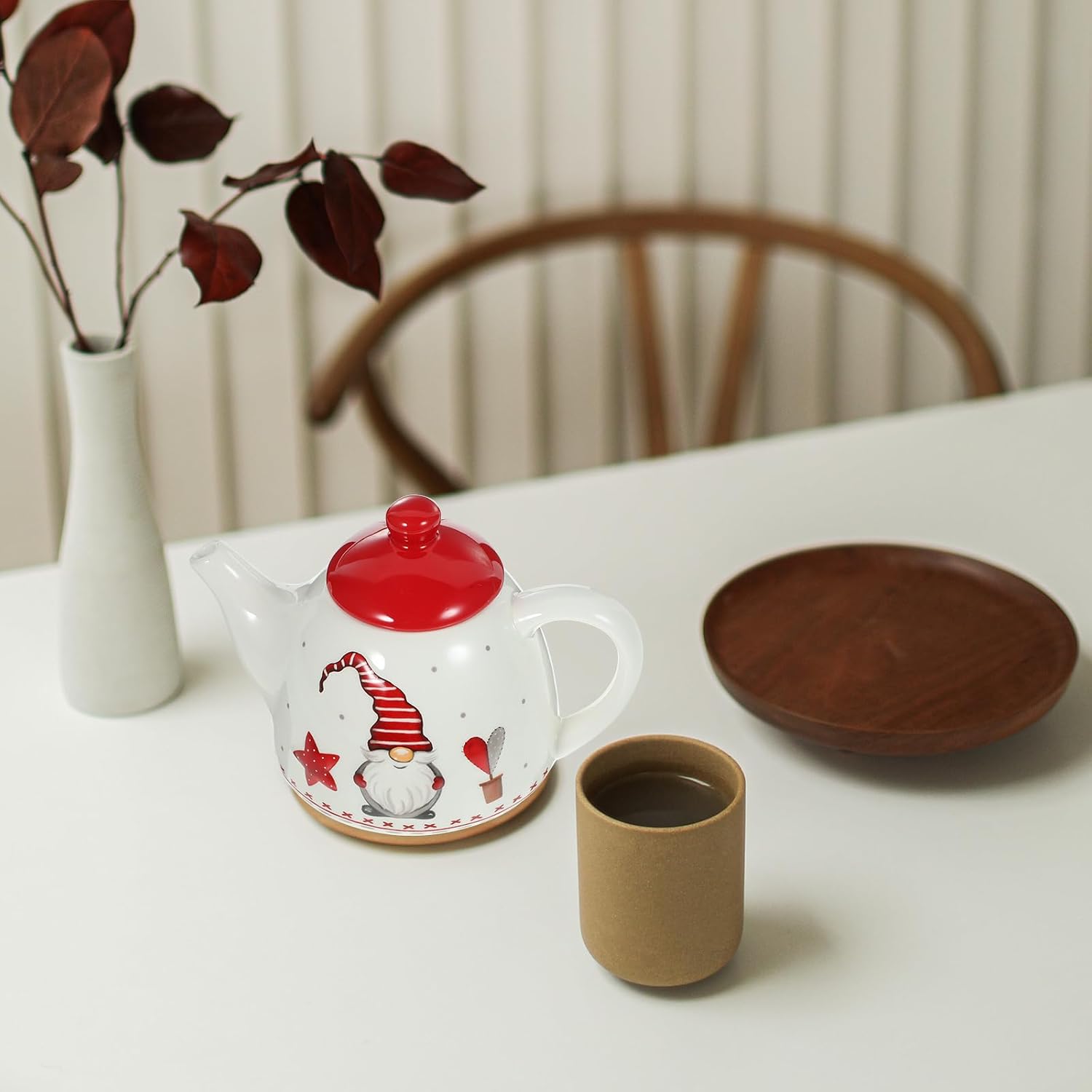 Hemoton Christmas Gnome Teapot Porcelain 17 Oz Ceramic Tea Kettle Nordic Holiday Serveware Festive Xmas Party Centerpiece