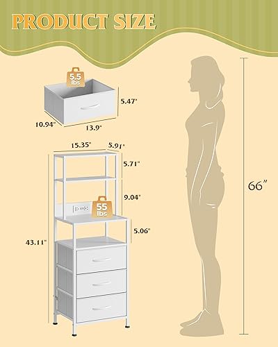 Miniatura 3 de WLIVE Mesita de noche alta blanca con estación de carga, mesita de noche LED con 3 cajones de tela y estantes abiertos de almacenamiento, mesa de