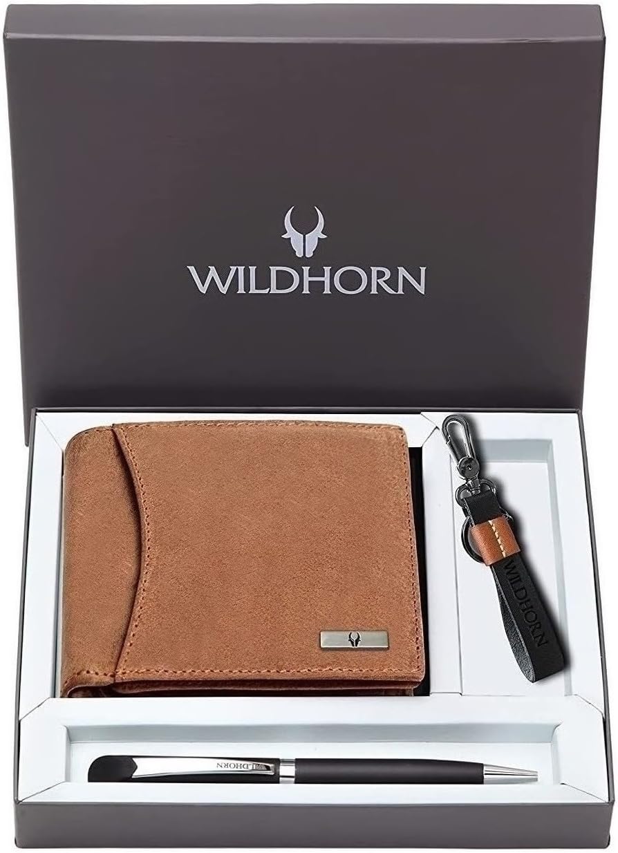 Gift Hamper for Men I Leather Wallet, Keychain & Pen Combo Gift Set I Gift for Friend, Boyfriend,Husband,Father, Son etc (Tan H M)