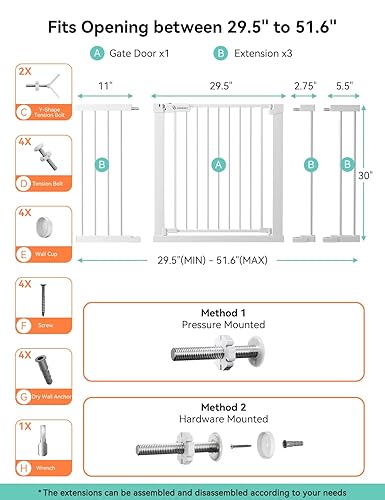 Miniatura 6 de COMOMY Puerta de bebé de 30 pulgadas de alto para puertas de escaleras, se adapta a aberturas de 29.5 a 51.6 pulgadas de ancho, puerta de perro
