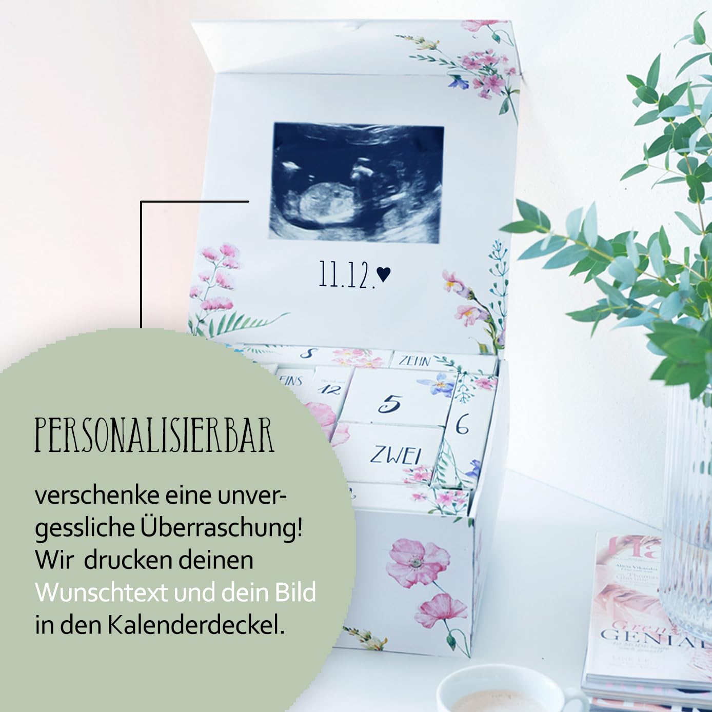 Mami-Countdown-Kalender | 12 Geschenke für die werdende Mama | Verwöhnbox für Schwangere | Persönliches Geschenk zur Babyparty, Mutterschutz, von Familie und Freunden | Erinnerungsbox | NEU