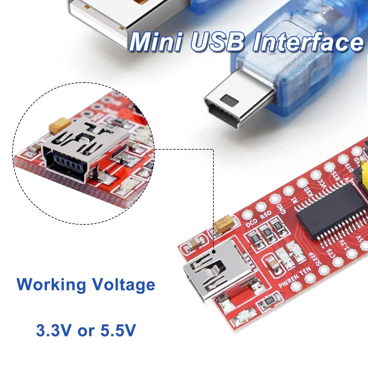 DAOKAI 3Pcs FT232RL Serial Adapter USB to TTL Serial Converter Module Mini USB Interface Support 3.3V 5.5V Stable Performance for Arduino and Raspberry Pi