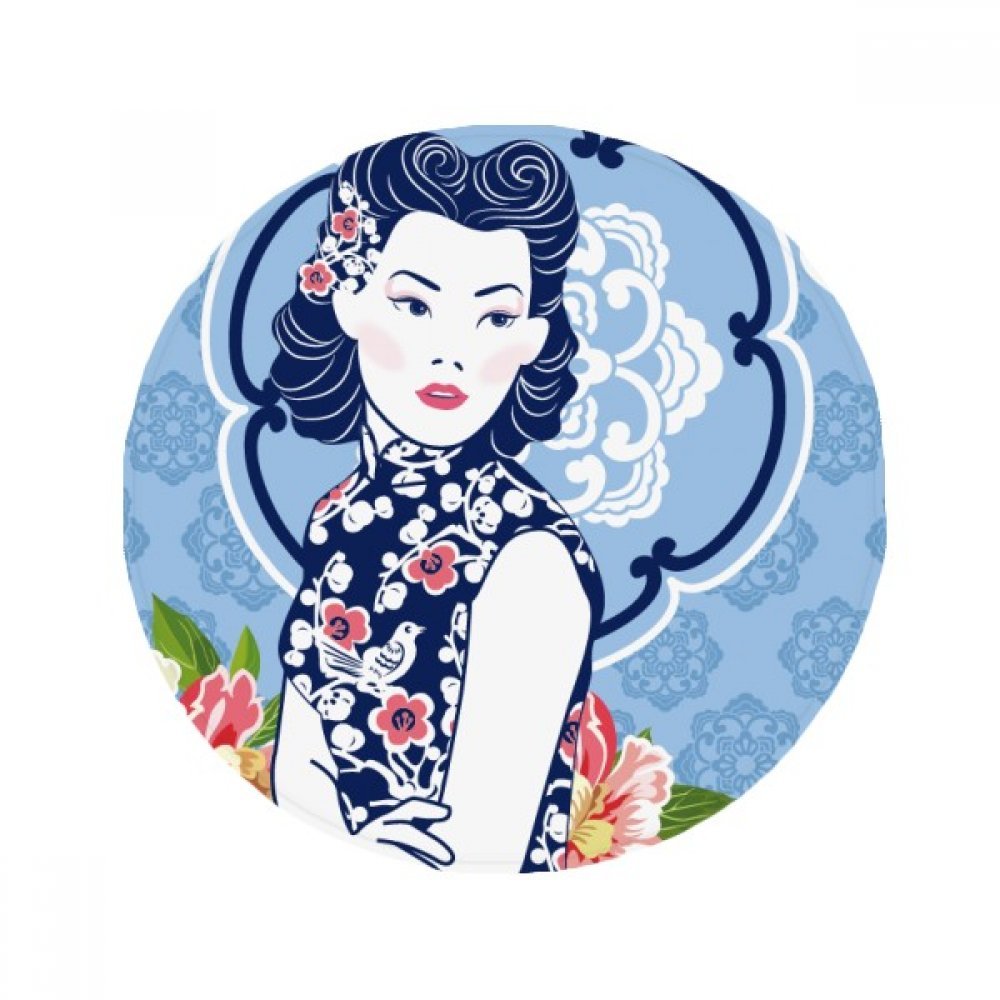 Tapis de sol chinois fleur bleue 50x50cm rond anti-dérapant