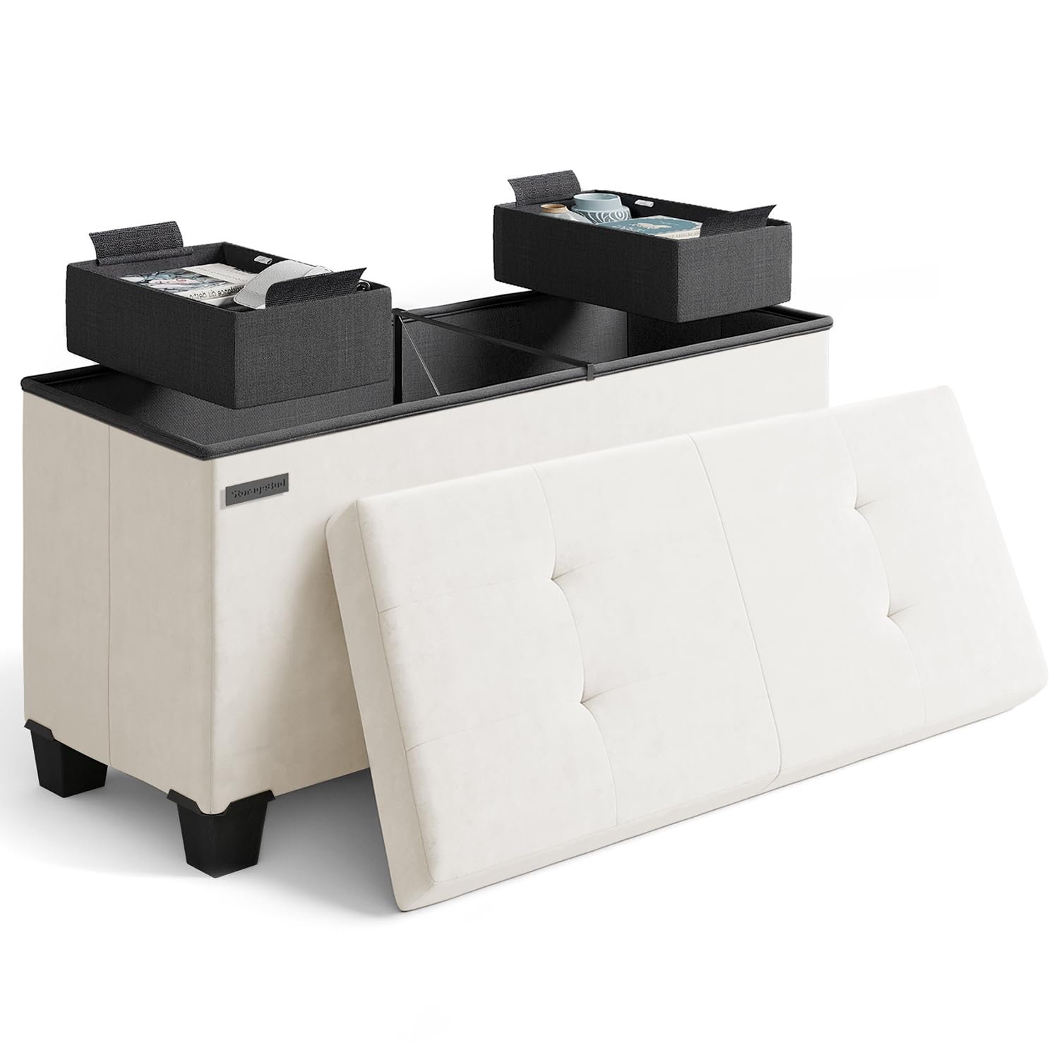 Storage Ottoman Bench with Bins, 30-in Storage Bench for Bedroom End of Bed, Folding Foot Rest Ottoman for Living Room Max 660lbs, Faux Leather