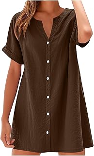 Women Button Down T Shirt Dress 2025 V-Neck Short Sleeve Mini Dress Business Casual Work Shift Dresses with Pockets - Buy now