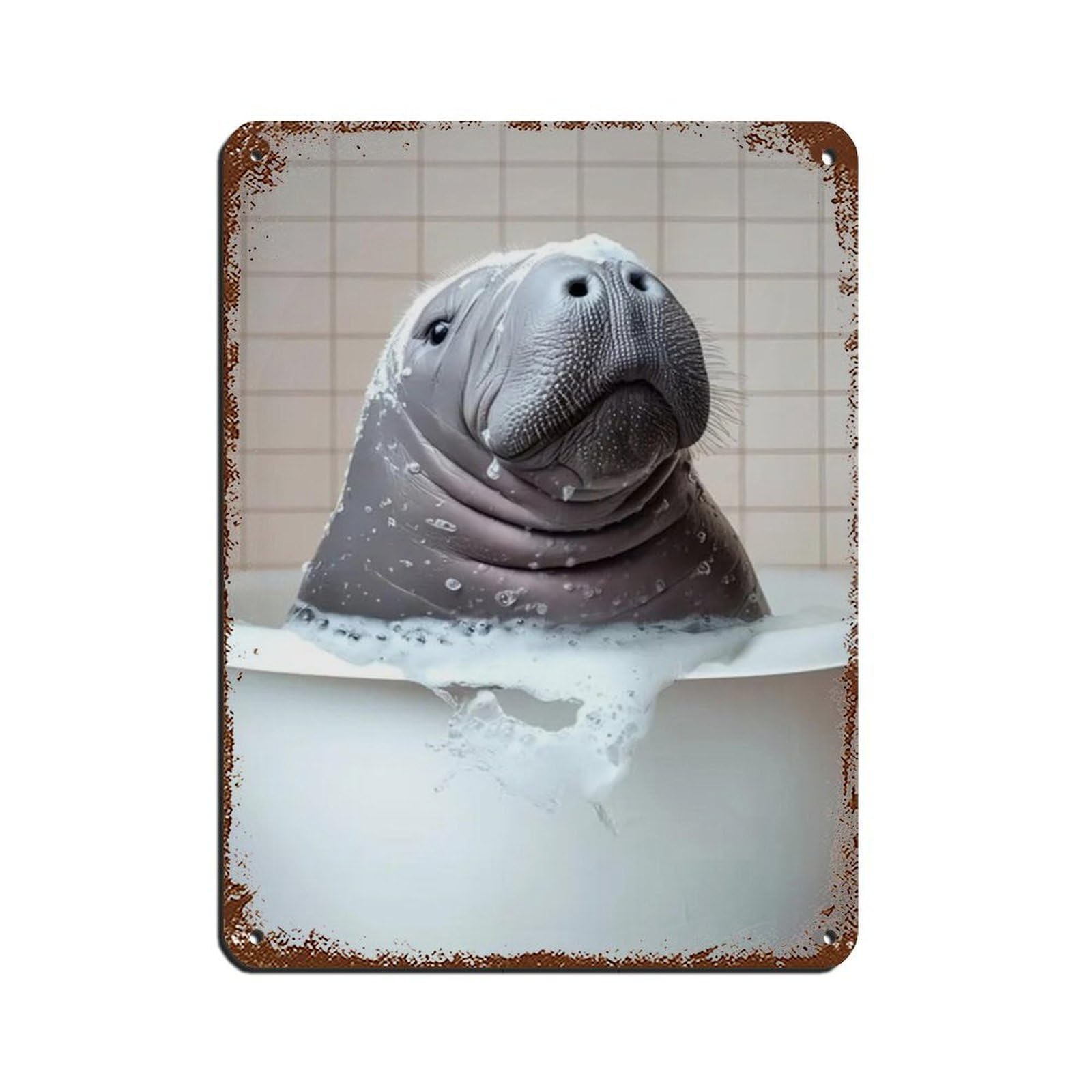Manatee in The Bathtub, Funny Bathroom Art Tin Sign Vintage Metal Pub Club Cafe Bar Home Wall Art Decoration Poster Retro 12x16inch(30x40cm)