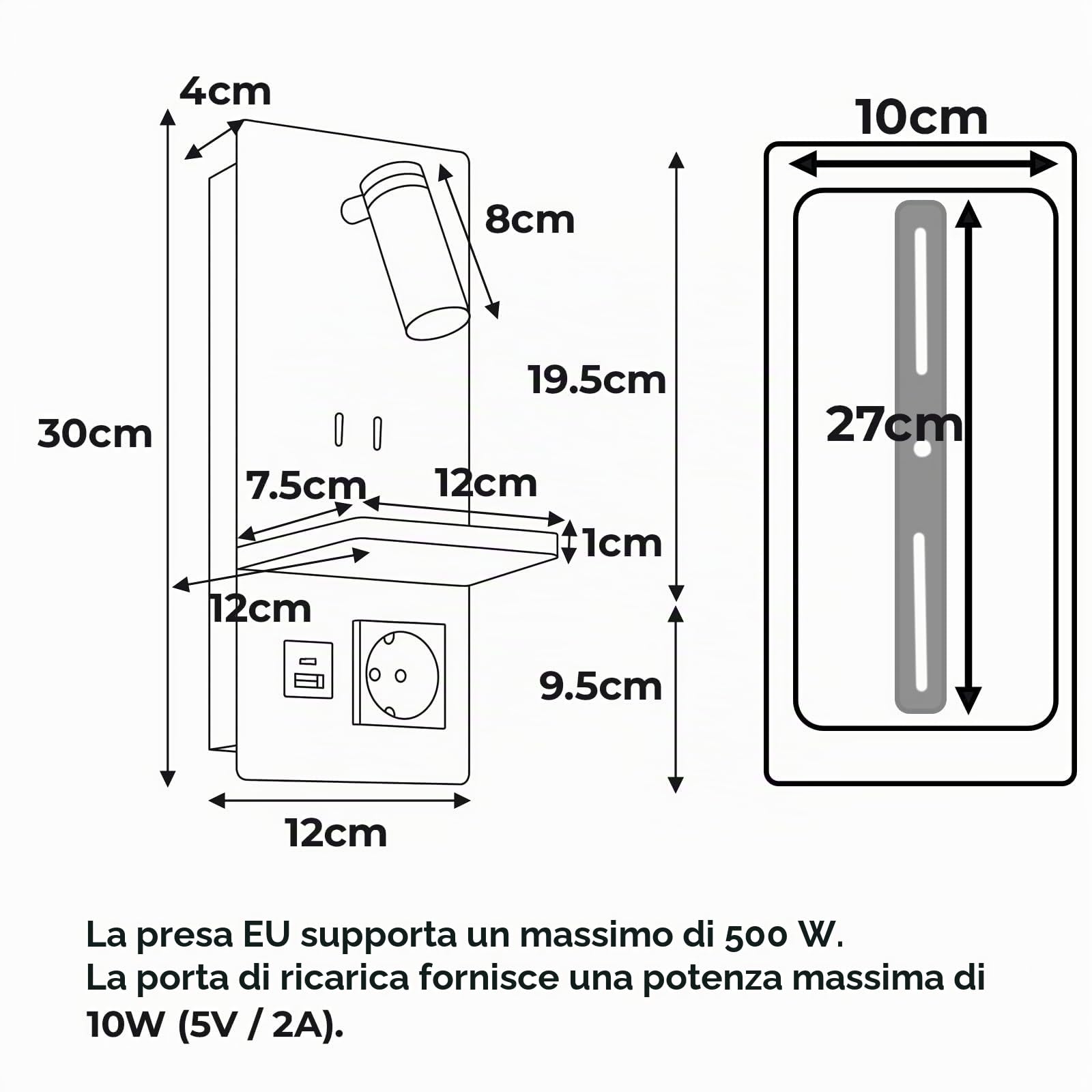 Alpinaluz Lampada da parete nera con luce orientabile 3 W e luce ambiente 6 W 2 800 K - Porta di ricarica USB A+C, presa Schuko e mensola in legno per camera da letto e comodino