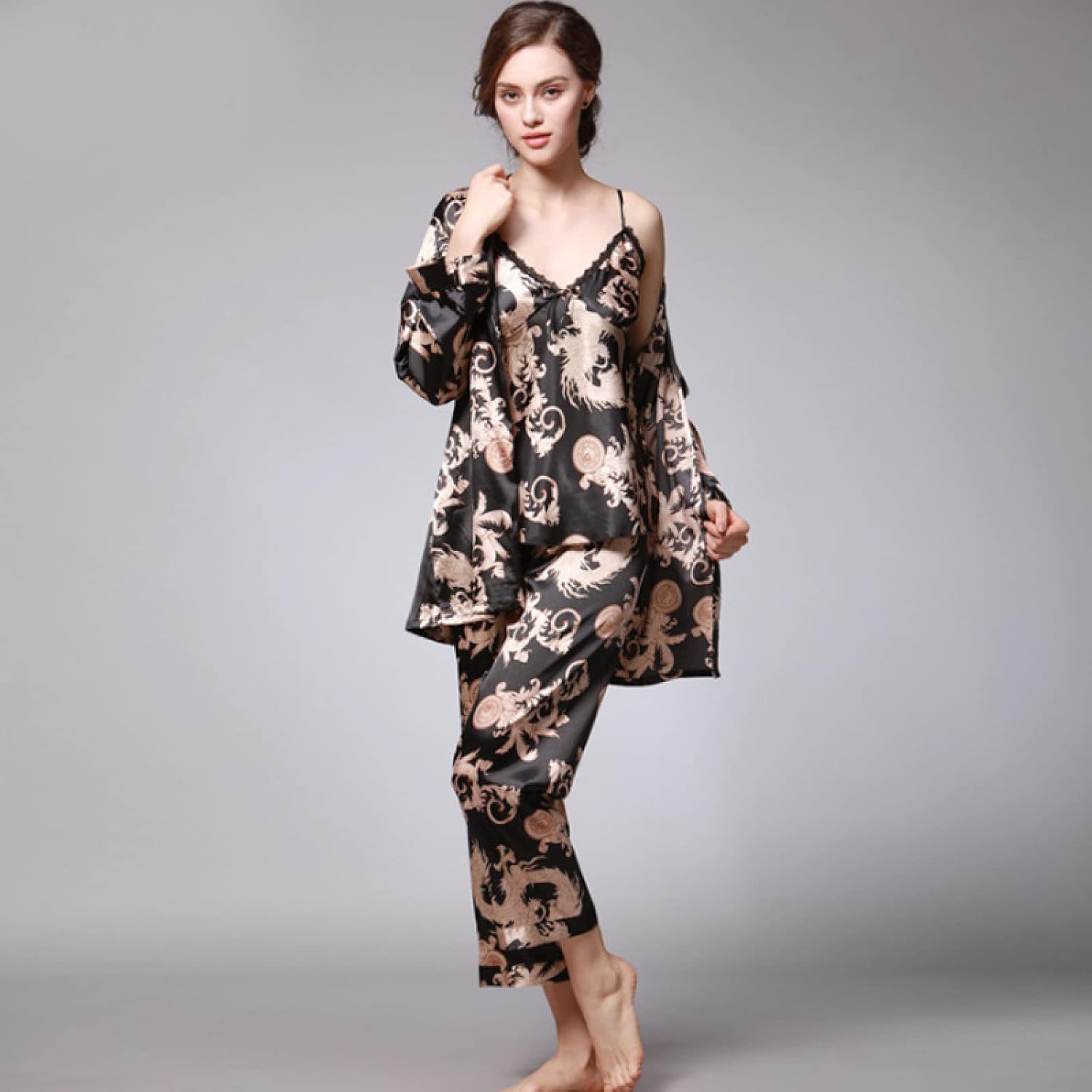 3Pcs Dragon Pattern Floral Print Silky Pj Sets Sleepwear - Women'S Silk Satin Pajamas Set Cami Nightwear With Robe And Pant Sexy V-Neck Spaghetti Strap Nightwear Soft Homewear For Adults Outfits Suit