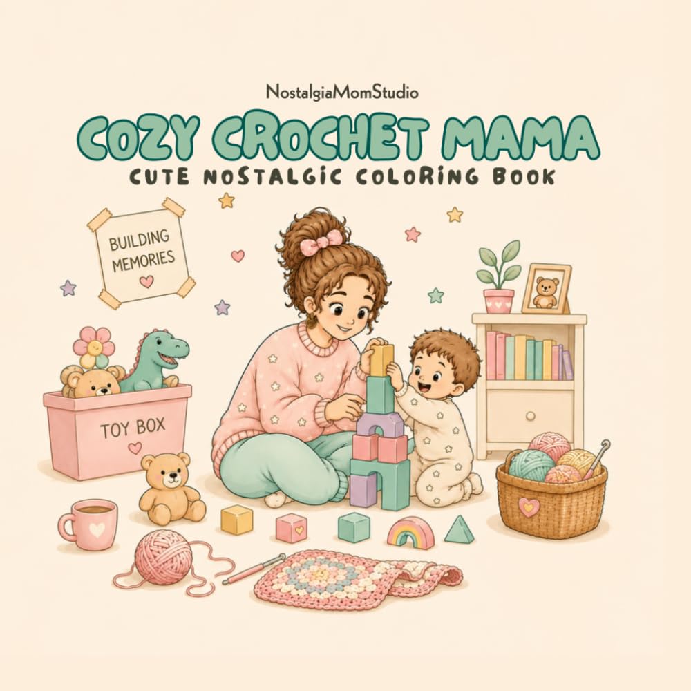 Cozy Crochet Mama: Cute Nostalgic Cozy Coloring Book for Adults and Teens Featuring Relaxing Mom Life, 90s Vibes & Everyday Comfort Scenes