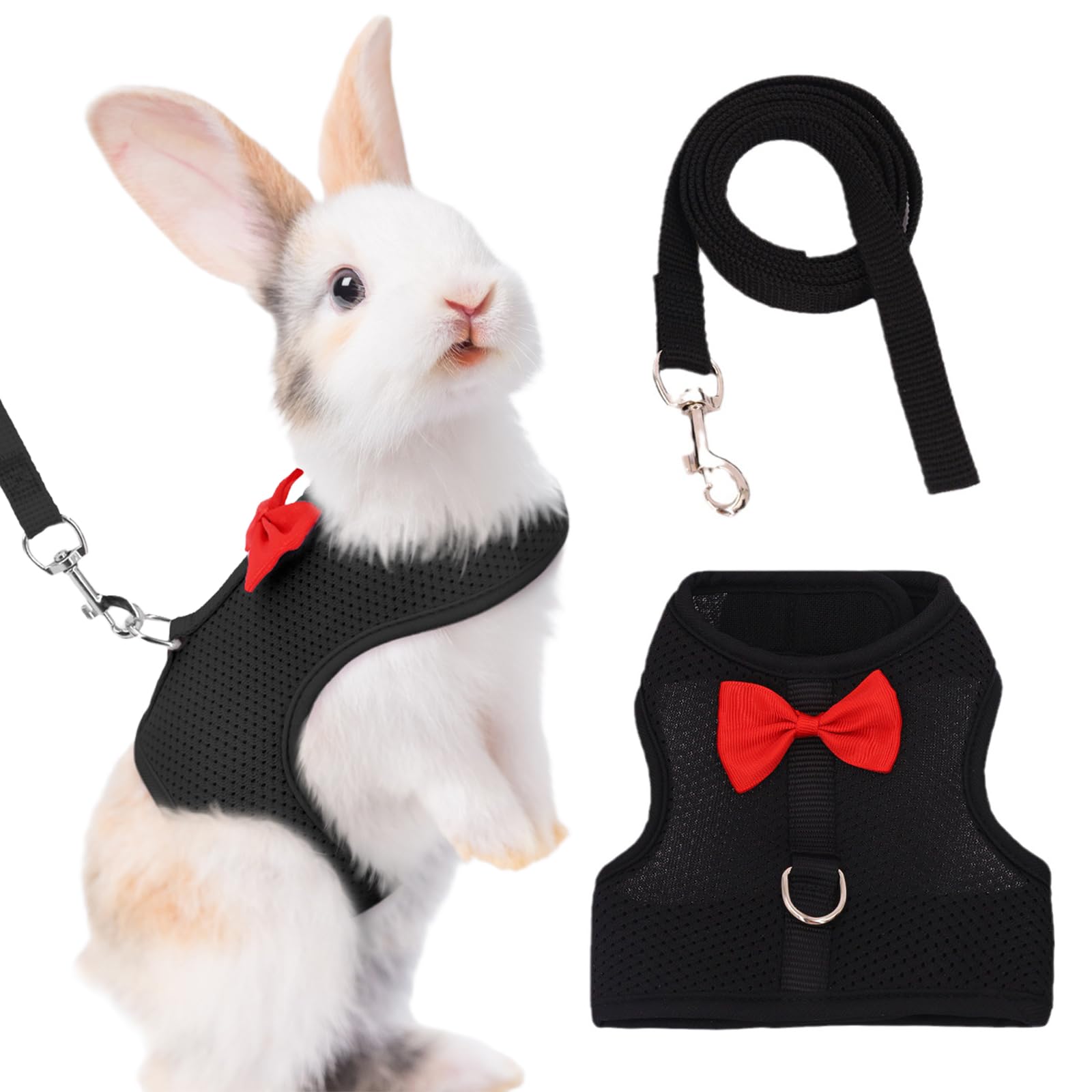Harnais Lapin avec Laisse Réglable Respirant, Grande Taille L pour Lapin Nain Furet, Noir