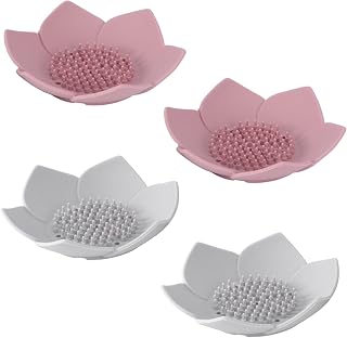 4pcs Lotus Flower Silicone Soap Dish Self Draining Bathroom Organizer | Floral Shape, Stain Resistant Silicone Build, Home Use for Sink and Shower Areas, Easy-clean Storage Design