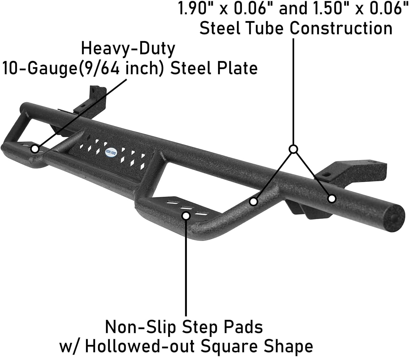 Деталдаштырылган view of the side step construction, highlighting the 1.90" x 0.06" and 1.50" x 0.06" steel tube and 10-gauge (9/64 inch) steel plate.