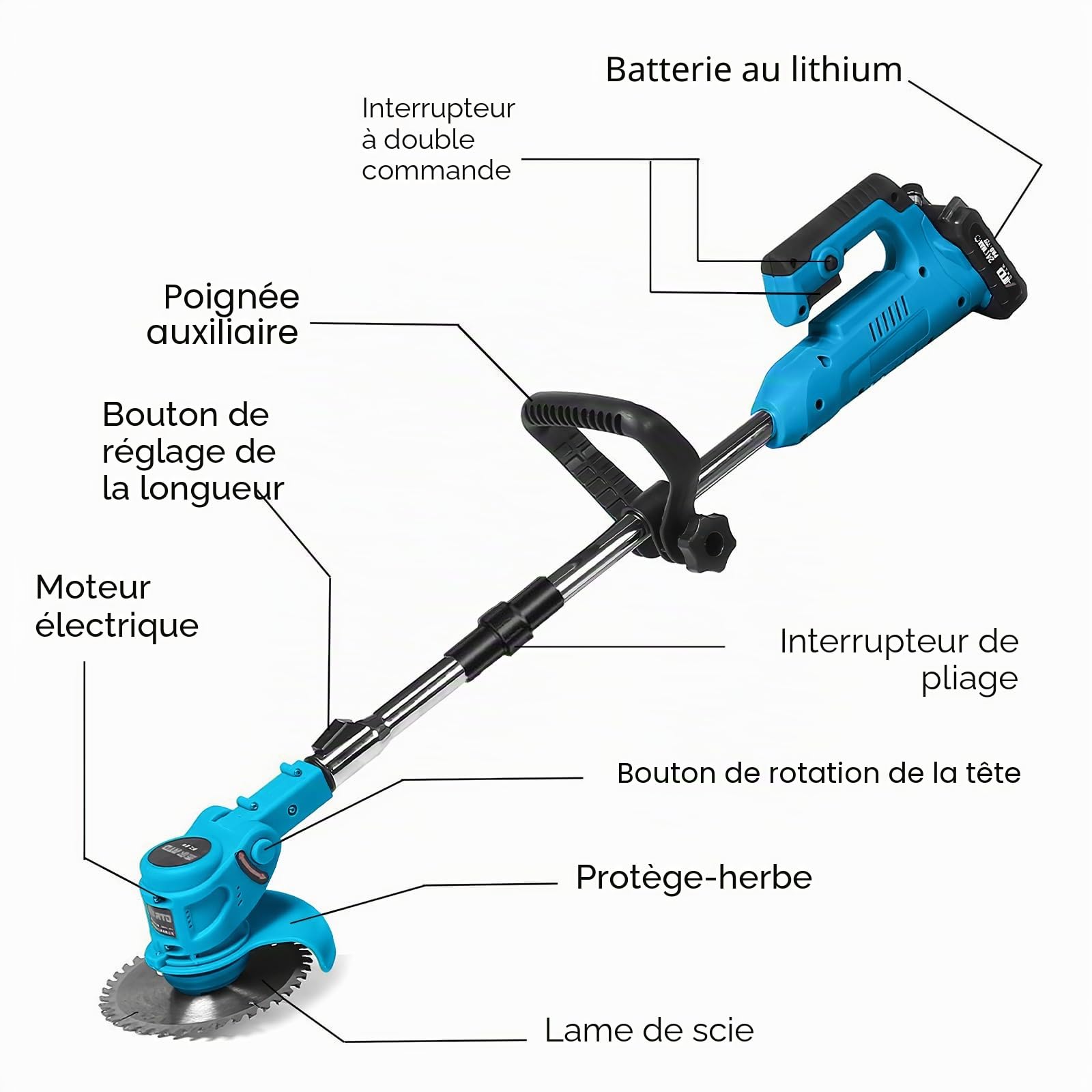 Tondeuse à gazon électrique 21V 800W 18000 tr/min manche télescopique 90-120 cm pliable 5 lames