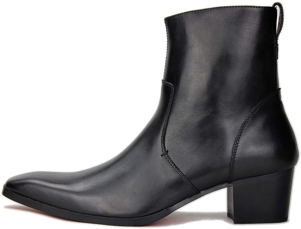 OSSTONE Dress Boot for Men Leather Chukka Designer Boots Calfskin Casual Heel Shoes Zipper-up OS-JY002-Black-Calfskin-US