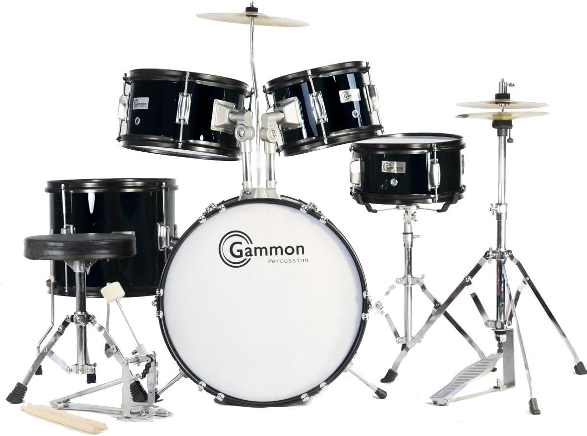 Complete 5-Piece Black Junior Drum Set with Cymbals Stands Sticks Hardware & Stool for Kids Children