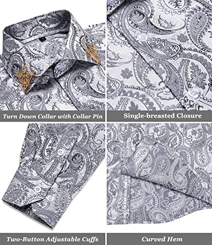 DiBanGu Mens Silk Paisley Dress Shirts Casual Jacquard Long Sleeve Button Down Shirt with Collar Pin Wedding Party4