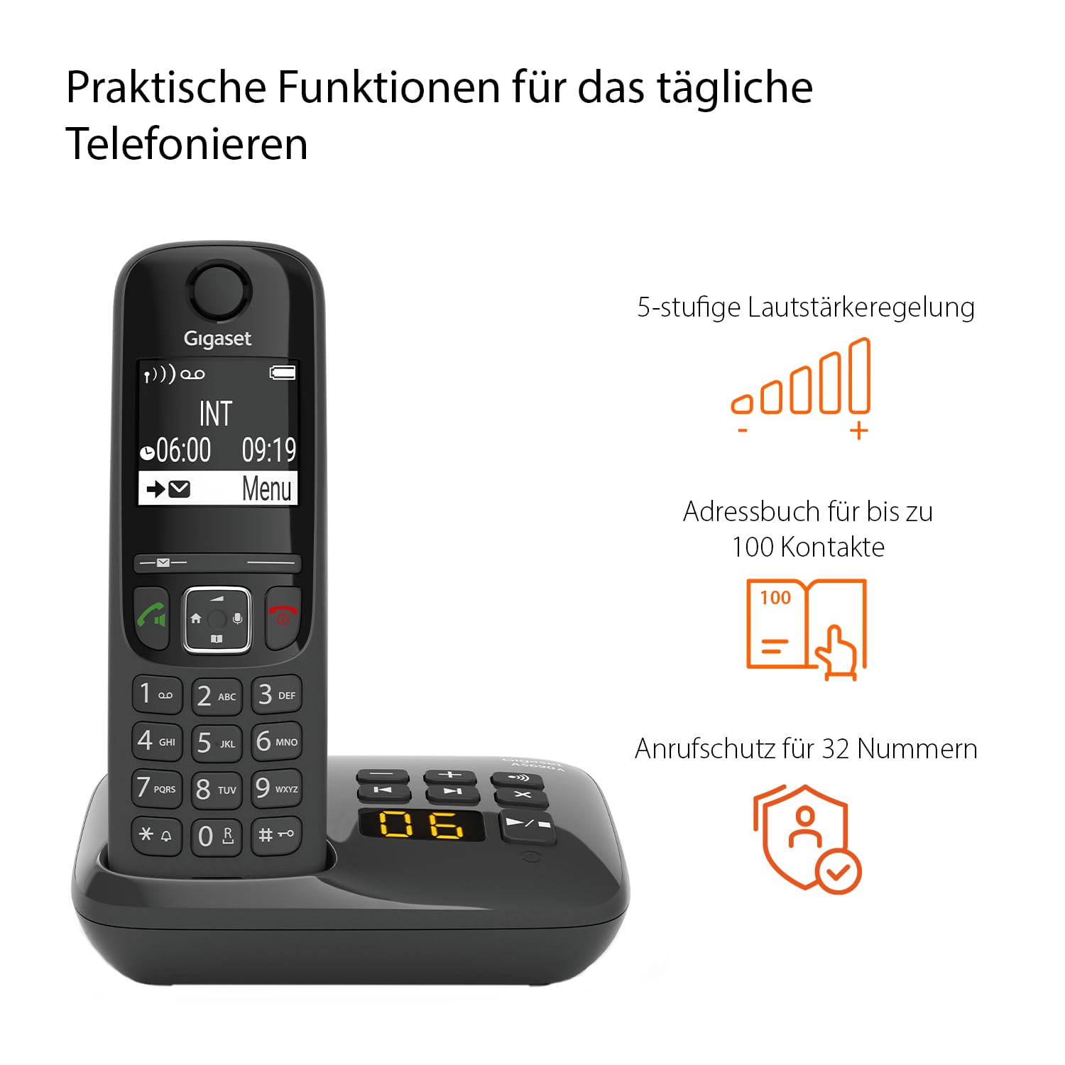 Gigaset AS690A Schnurloses DECT-Telefon mit Anrufbeantworter, großes Display, Freisprechfunktion, schwarz