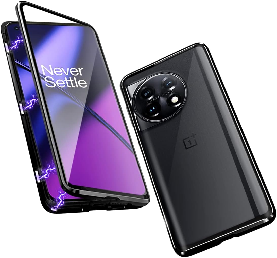 Jarttarn Case Compatible OnePlus 11 2023, Magnetic Body Metal Frame Double Sided Clear Tempered Glass Shockproof with Camera Protection Cover Thin, Protector Case for OnePlus 11 5G 2023 (Black)