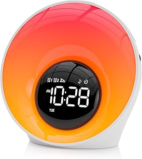 Wecker mit Sonnenaufgang Tageslichtwecker Geschenke Geräuschmaschine mit 30 beruhigende Klänge,Wake Up Light Nachttischlampe Dimmbar 16 Helligkeit 14 Farbe Schlafzimmer Lichtwecker mit Doppelalarm