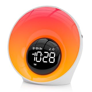 Wecker mit Sonnenaufgang Tageslichtwecker Geschenke Geräuschmaschine mit 30 beruhigende Klänge,Wake Up Light Nachttischlampe Dimmbar 16 Helligkeit 14 Farbe Schlafzimmer Lichtwecker mit Doppelalarm - Amazon product rated Grade A