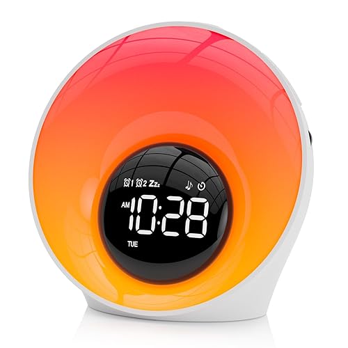 Wake Up Light Sunrise Alarm Clock - Sunrise Simulation & White Noise Machine with 30 Soothing Sounds, 14 Color Dimmable Night Light, Dual Alarms for Heavy Sleepers/Adults/Kids, Digital Clock Timer - White