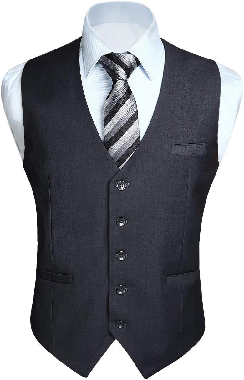 HISDERNMen's Suit Vest Business Formal Dress Waistcoat Vest with 3 Pockets for Suit or Tuxedo