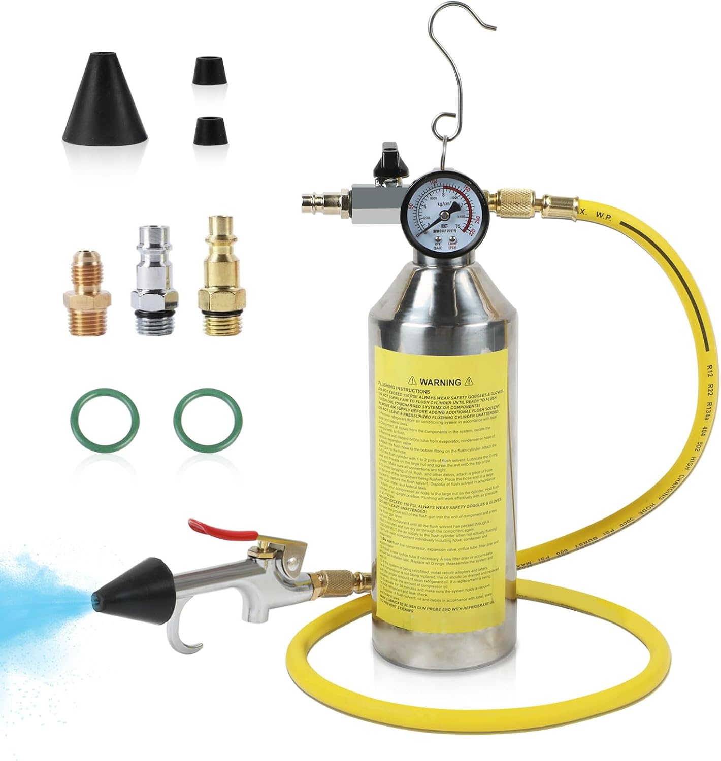 PLAYOCCAR AC Flush Kit,AC Conditioning System Cleaning Tool Set with Thickened Stainless Steel Tank,Nylon Hose, Flushing Spray Gun for R134A R12 R22 R404 R410A