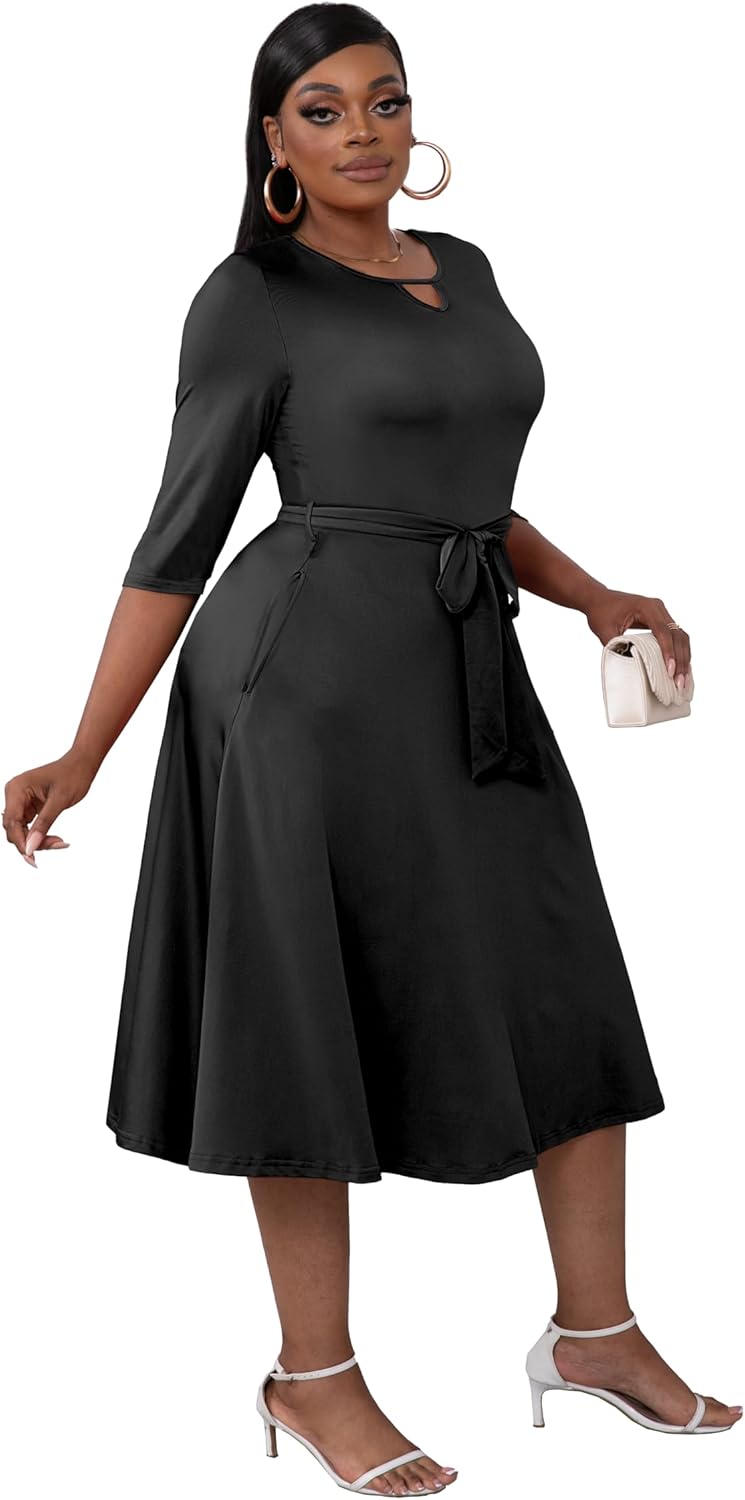 Runwind Plus Size Dresses, Women Casual Midi A-Line Swing Fit and Flare 3/4 Sleeve Wedding Guest Cocktail Church Dress - Image 4