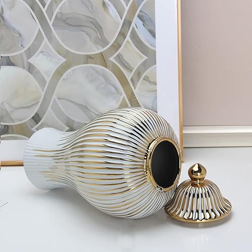 Miniatura 5 de BRAGUE Jarrones de cerámica galvanizados con borde de oro, jarrones para decoración del hogar, decoración de manualidades, decoración de sala de