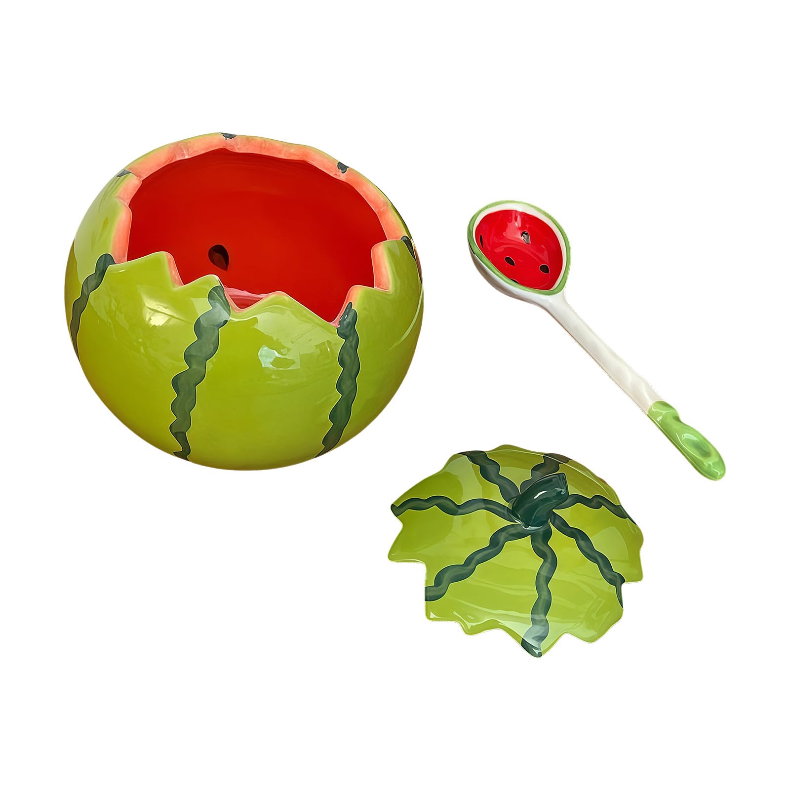 Mekalero Decorative Watermelon Bowl with Lid, 610Ml Ceramic Dessert Bowl for Dining Tables Snacks Fruit and Desk Decoration Watermelon