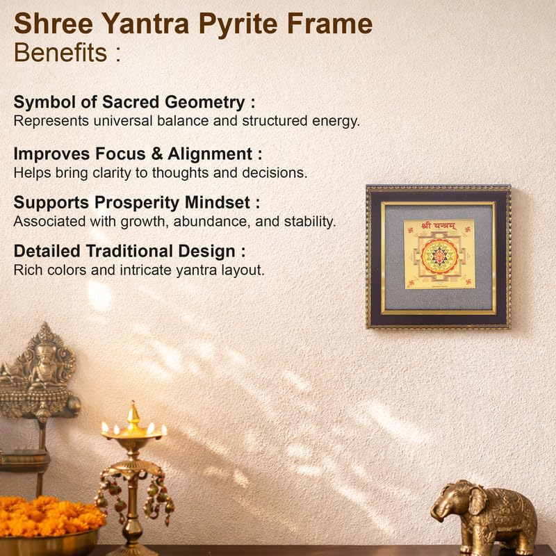 Image of Sacred Geometry Shree Yantra Wall Art, Gold Finish Vastu Frame for Wealth Energy, Home & Office Spiritual Decor