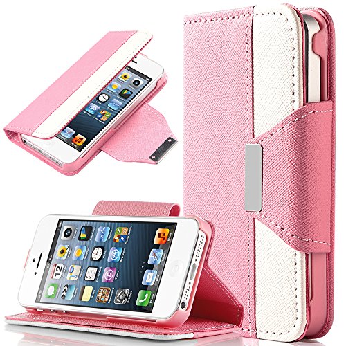 iPhone 5s Case,iPhone 5 Case,ULAK iPhone SE Wallet Case Synthetic Leather Wallet Case Stand with Card Slots for iPhone 5/5S/SE(Pink+White)