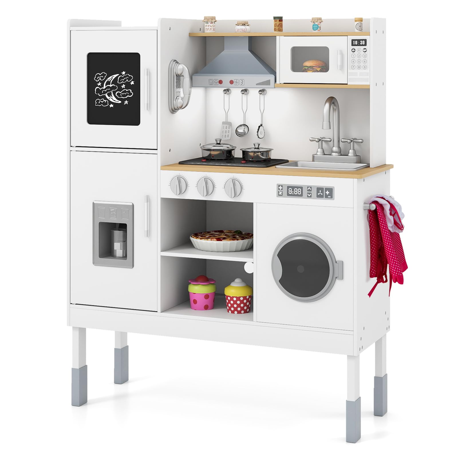 DREAMADE Höhenverstellbare Kinderküche mit Licht und Sound, Spielküche aus Holz mit Zubehör, Kinderspielküche mit Spüle Herd Backofen, Holzküche Spielzeugküche für Kinder ab 3 Jahren (Groß-Natur+Weiß)