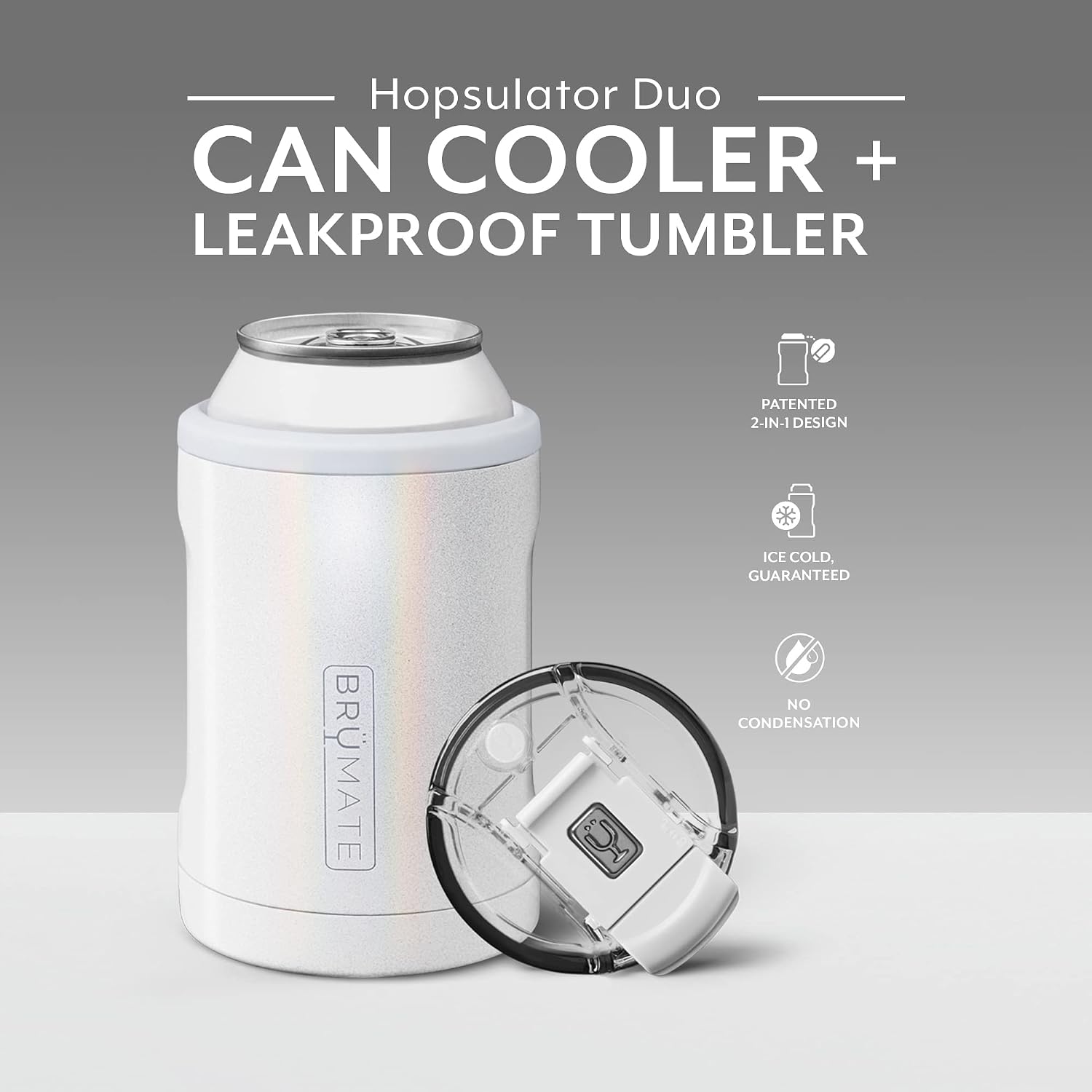 BrüMate Hopsulator DUO 2-in-1 Can Cooler Insulated for 12oz Cans + 100% Leak Proof Tumbler with Lid | Can Coozie Insulated for Hard Seltzer, Beer, Soda and Energy Drinks (Glitter White)